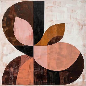 Mid-century modern abstract kunst met vormen in bruin, zwart en roze van Thea