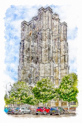 De Dikke Toren in Zierikzee (aquarel)