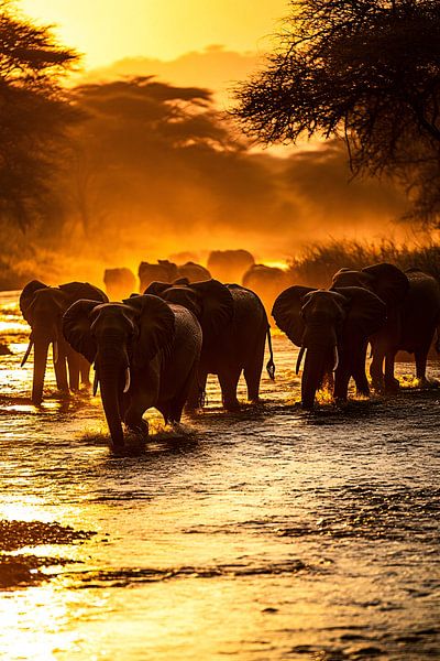 Olifanten in gouden zonsondergang van Art & Soul Creations
