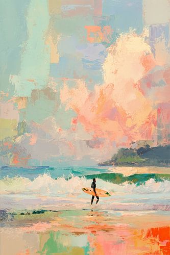 Impressionistische surfer op het strand