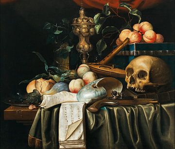 Een vanitas-stilleven met fruit, een vergulde bokaal, een partituur, een schelp en een schedel, Jori
