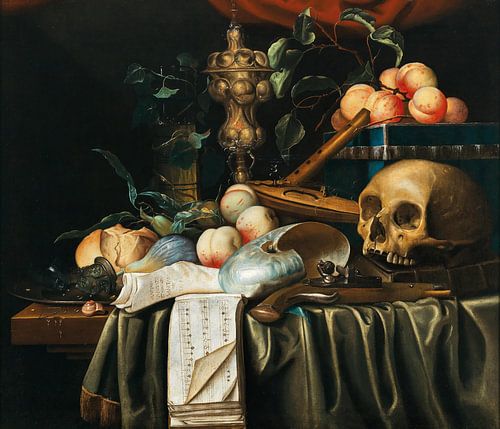 Een vanitas-stilleven met fruit, een vergulde bokaal, een partituur, een schelp en een schedel, Jori
