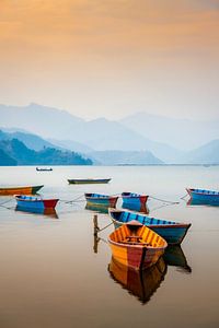 Bateaux colorés sur le lac Phewa à Pokhara, au Népal.