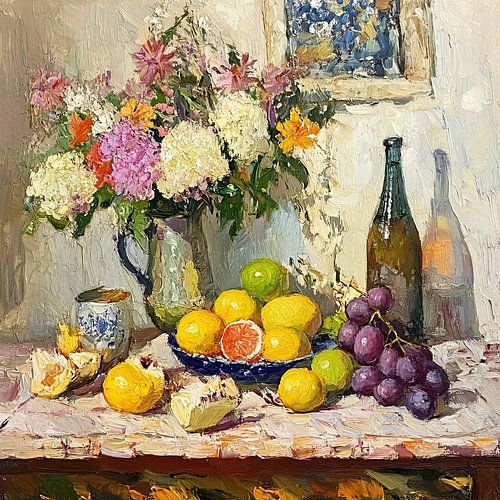 Klassiek zomers stilleven met bloemen en fruit op tafel van Vlindertuin-Art