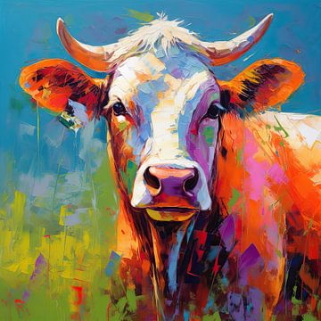 Koe in levendige kleuren - Abstracte koe schilderij van De Mooiste Kunst