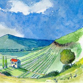 Ce petit vignoble en Toscane | Aquarelle peinte à la main sur WatercolorWall