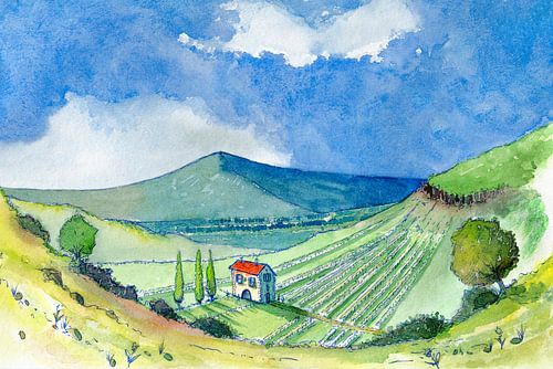 Die kleine wijngaard in Toscane | Handgeschilderde aquarel schilderij van WatercolorWall