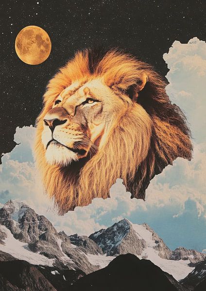 Retro lion head with moon and mountains by Niklas Maximilian