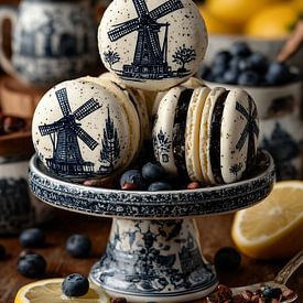 Stillleben im Delfter Blau mit Windmühlen, Macarons, Heidelbeeren und Zitronen von Studio Ypie