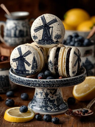 Delft Blue Still Life with Windmills, Macarons, Blueberries and Lemons