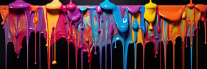 Bunte Acrylfarbe, die mit flüssigen Tropfen tropft, auf schwarzem Hintergrund Kunst Design