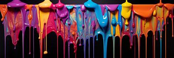 Bunte Acrylfarbe, die mit flüssigen Tropfen tropft, auf schwarzem Hintergrund Kunst Design