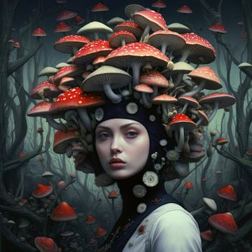 Bizarre illustratie van een mooie vrouw met paddenstoelen op haar hoofd van Art Bizarre