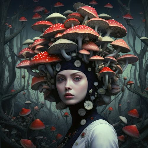 Bizarre illustration of a beautiful woman with mushrooms on her head