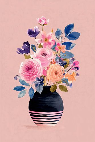 Gestreepte Vaas met Bloemen in Navy en Roze no.1