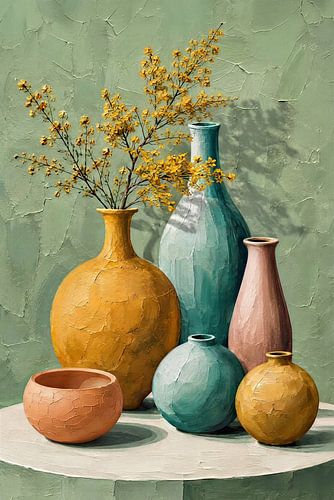 Stilleven met vazen in warme pastel en aardekleuren en bremtak