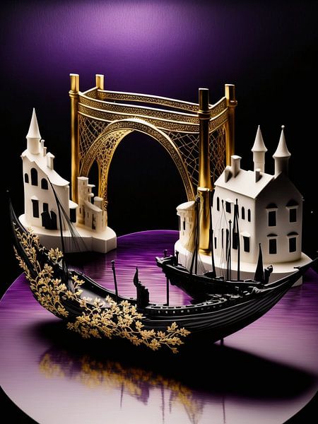 Miniatuur Venetië huizen brug boten surrealistisch porselein wit paars goud zwart goud van gm_designs
