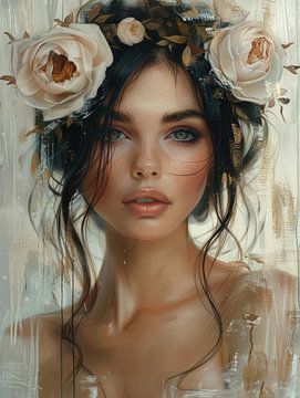 Modern portret met roze bloemen van Carla Van Iersel