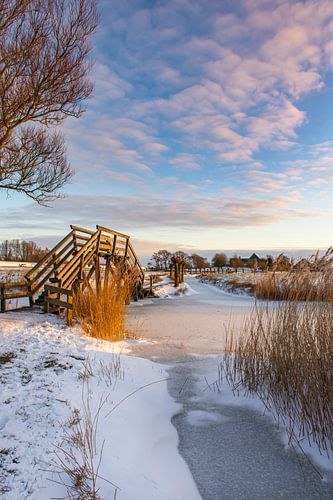 Wooden stairs the Kakelepost in Schagen in the winter.
