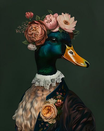 Portrait de canard avec guirlande de fleurs