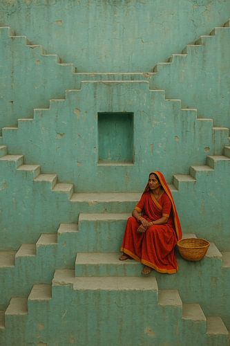 Moment de repos dans une cage d'escalier turquoise