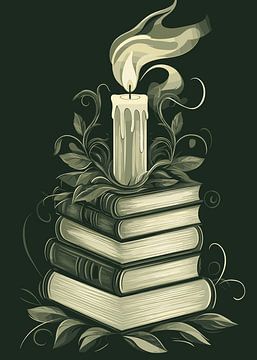 Green Academia - Kaars op boeken als symbool van kennis en mystiek van Pixelbull Design