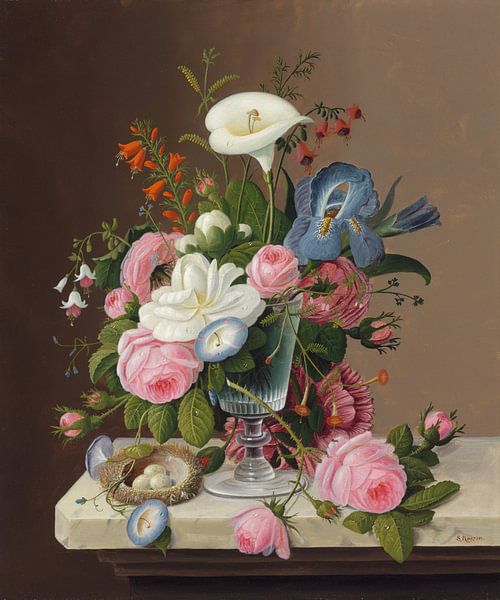Vroege zomerbloemen in een selderijglas, Severin Roesen van Meesterlijcke Meesters