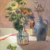 Stilleven met bloemen in een vaas en graanhalmen in een kruik - olieve van Galerie Ringoot