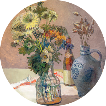 Stilleven met bloemen in een vaas en graanhalmen in een kruik - olieverfschilderij op doek. van Galerie Ringoot
