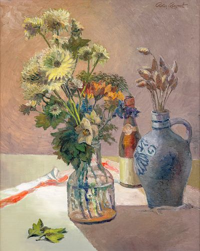 Still life painting with flowers in a vase and corn stalks in a jar.