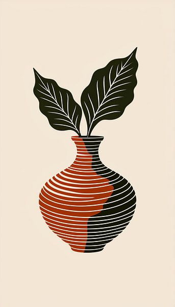 Minimaliste Terracotta &amp;amp ; Black Wavy Lines - Modern Abstract Vase with Leaves Wall Art Print par Artistic