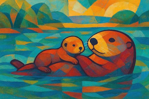 Drijvende otter met jong schilderij.