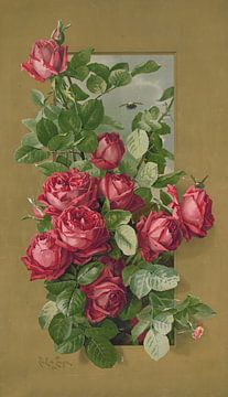Rode rozen groeien door een raam, Paul de Longpré