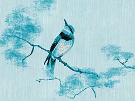 Elegant Japanese bird on branch in Sumi-e Style - Aqua blue by Studio Pieternel