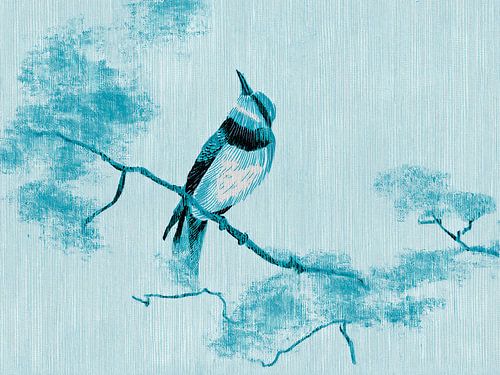 Japandi kunst.  Vogel op tak. Sumi-e stijl. Aqua blauw
