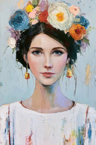 schilderachig portret van fictieve vrouw met bloemen