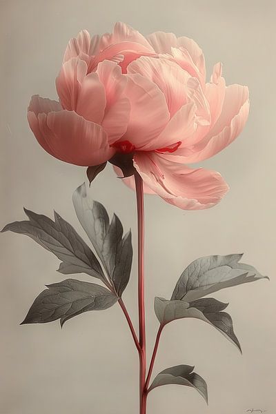 Elegante Rosa Pfingstrose auf Hellgrauem Hintergrund von Poster Art Shop