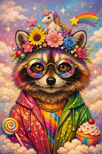 Psychedelic Cosmic Raccoon with Rainbow Unicorn and Candy Dreams