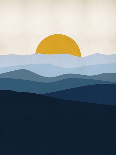 Blaue Landschaft mit Sonne