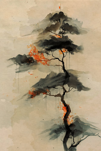 Sumi-e Stijl: Serene Japanse Dennenboom met Oranje Accent