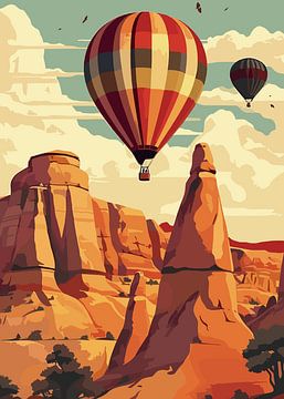 Ballons du désert au-dessus des rochers monumentaux sur Art Kingdom