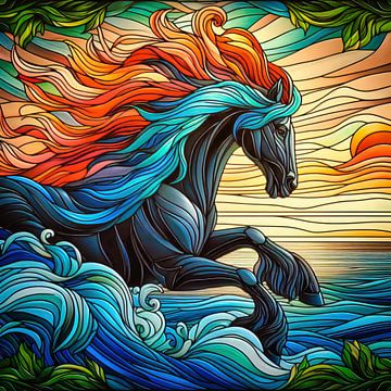 Stained-glass horse at a gallop