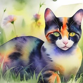 Illustration d'un chat noir et roux dans l'herbe sur Patricia Hofmeester