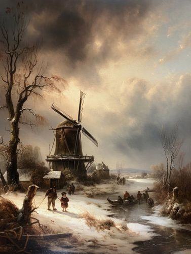 Dutch winter landscape painting with windmill