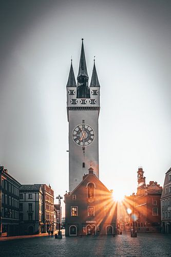 Beautiful evening sun in the city of Straubing Stadtplatz