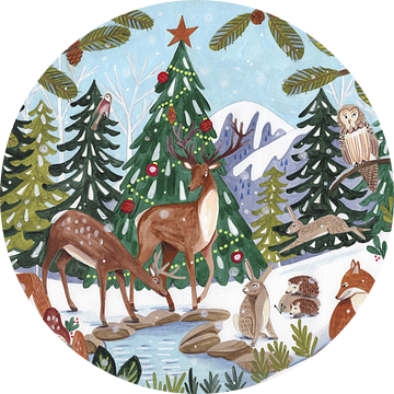 Dieren in winterlandschap met bergen van Caroline Bonne Müller