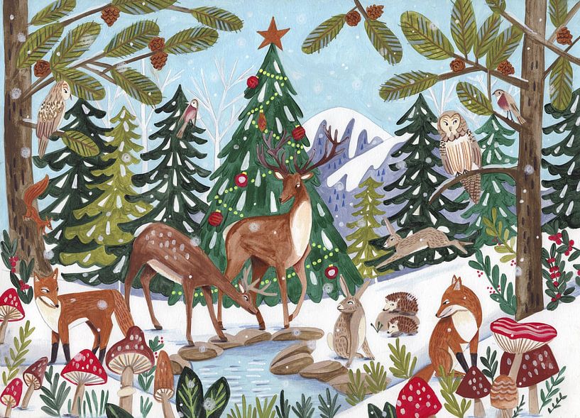 Tiere in Winterlandschaft mit Bergen von Caroline Bonne Müller