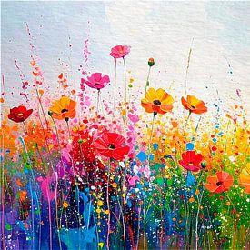 Panoramabild: Heiteres Blumenfeld mit Mohnblumen von Studio Pieternel