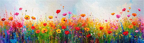 Panoramabild: Heiteres Blumenfeld mit Mohnblumen