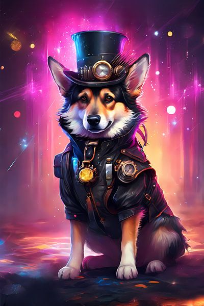 Steampunk Corgi Digital Art Aquarel Stijl van LOOKZY